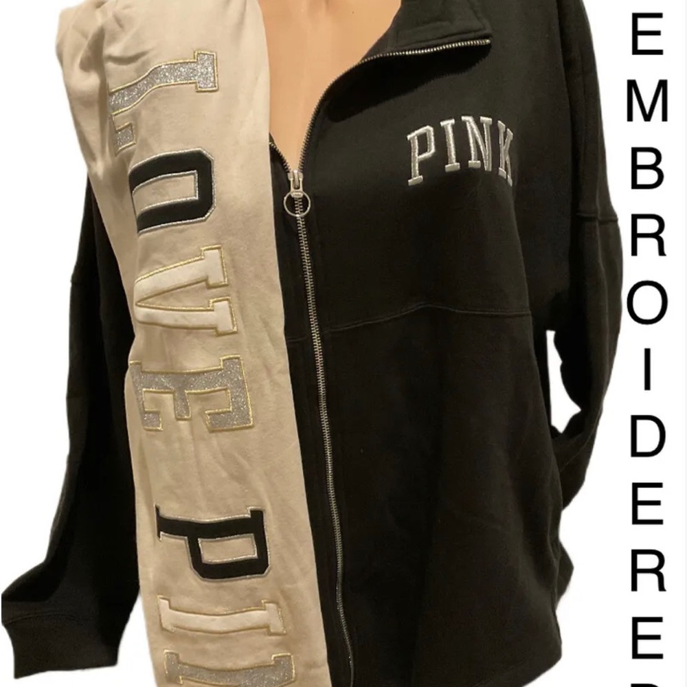 NEW VICTORIAS SECRET PINK BLING VARSITY FULL ZIP & LEGGINGS or JOGGERS 2PC SET - Picture 6 of 8